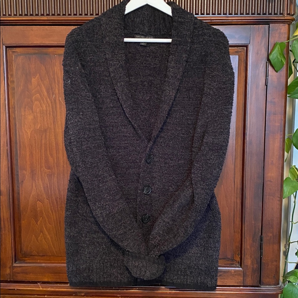 Barefoot Dreams Men's Shawl Collar Cardigan Heathered Carbon and Black Small - Picture 2 of 16